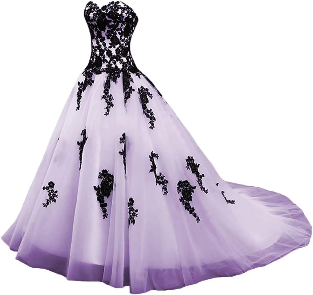 Tulle Wedding Dresses for Bride Sweetheart Gothic Wedding Gowns with Black Lace Appliques Dreamy Bridal Gowns