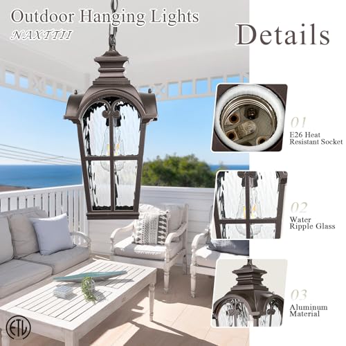 Image of 18.5 Inch Large Outdoor Pendant Lights Waterproof Aluminum Hanging Lantern Light with Water Ripple Glass Oil Rubbed Bronze Outdoor Chandelier for Porch Yard Gazebo