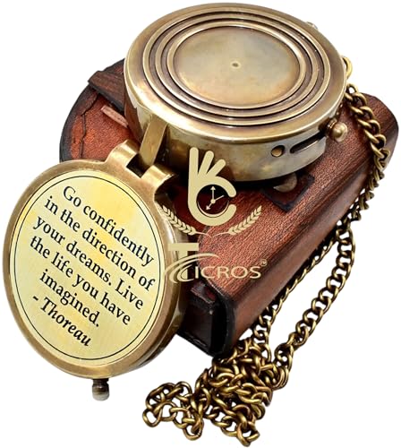Brújula de bolsillo antigua con cita inspiradora y estuche de cuero miniatura 4