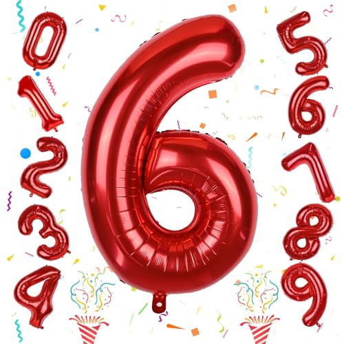 Image of Large Number Balloons 6 for Boys, Red 40 Inch Foil Self Inflating Number 6 Balloon for Women Men 60th 25th Birtyday Party Anniversary Graduation Party 0-9 Set Balloons Decorations Supplies