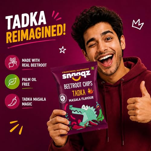 Image of Snaaqz Beetroot Chips Tadka Masala | Crunchy Vegetable Chips | Palm Oil Free | Vegan Gluten Free | Healthy Snack for Kids & Adults | 70g Pack of 2
