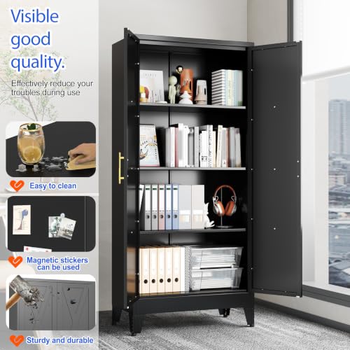 Image of GAIOUS 61 inch Tall Kitchen Pantry Cabinet,Metal Storage Cabinet Black Cupboard | Steel Office Cabinet, Freestanding Bookcase with 2 Doors and 3 Adjustable Shelves, Bathroom Kitchen Bedroom Garage Cabinet