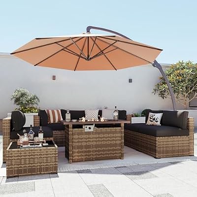 Aoxun Patio Furniture Sets, 9-Piece Outdoor Patio Furniture with 44'' Propane Gas Firepit Table and 11FT X 11FT Cantilever Umbrella, Wicker Outdoor Conversation Set for Backyard