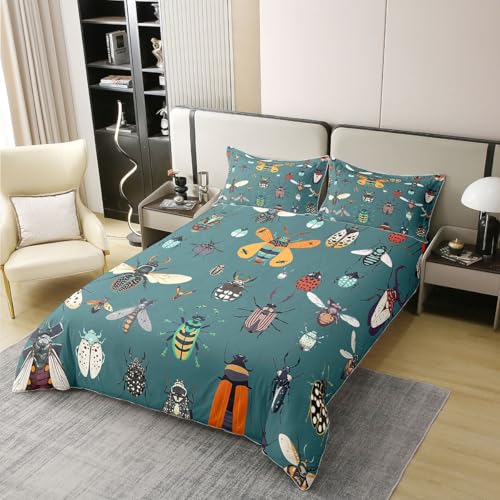 Housse de couette coléoptères 100% coton pour lit simple, avec taie d'oreiller rustique