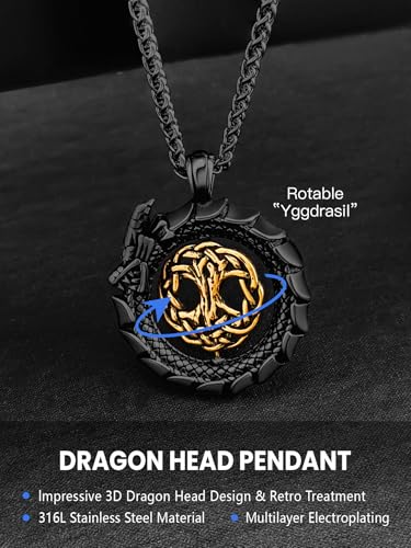 Dragon Necklace 18K Gold Plated/Black Metal/Stainless Steel Norse Tree of life Talisman Viking Dragon Pendant Necklace Lucky Amulet, Retro Yggdrasil Viking Jewelry Gift for Men and Women with Gift Box3