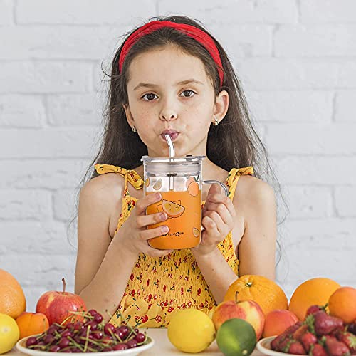 Image of Kamvy Random Design Glass Measuring Drinking Mug with Handle and Clear Lid with Silicone Straw for Girls & Boys Multiple Usage 400 ml (Pack of 1) (Cartoon)