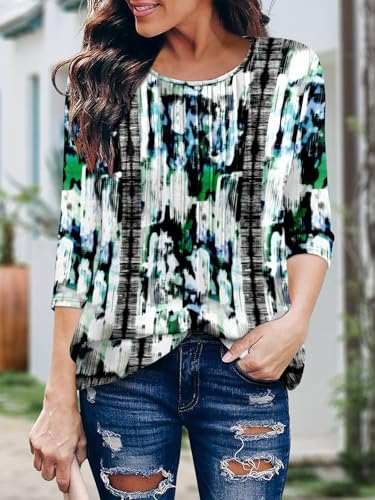 KISSMODA Tunic Tops for Women Loose Fit Dressy Round Neck Pleated 3/4 Length Sleeve Spring Tops