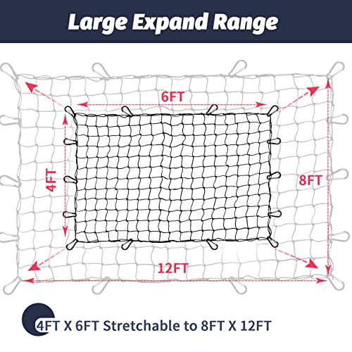 Cargo Net For Truck Pickup 4'X6' Stretches To 8'X12' Heavy Duty Truck Bed Cargo Net 12 Tangle-Free Clip Carabiners And 1 Storage Bag Small 4" X 4" Mesh Universal Car Organizer Net For Large Loads #TOP1
