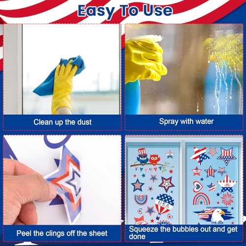 250th Anniversary Window Clings Decorations - 9 Sheets Double-Sided 4th of July Stickers for USA Independence Day, Reusable Patriotic Fireworks Flag Gel Decals for 1776-2026 America Glass Office Decor — view 5