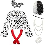 LUXUS Cruella Deville Kostüm Set：*1 Cruella Kostüm Jacke Scarf; *1 Cruella Deville Perücke; *1 1920er Lang Rote Handschuhe; *1 Perlenkette; *1 Armbänder; *1 Holder; *1 Augenmaske aus Spitze; *1 Perücke Kappe.