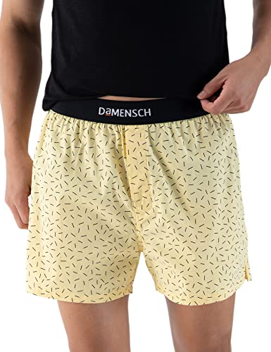 Image of DAMENSCH Regular Fit 100% Cotton Inner Boxer Soft & Durable Fabric Back Pocket Microfiber Waistband Breeze Ultra Light Printed Inner Boxers for Men Pack of 3 -Yellow,Dot Green,Marble Grey -S