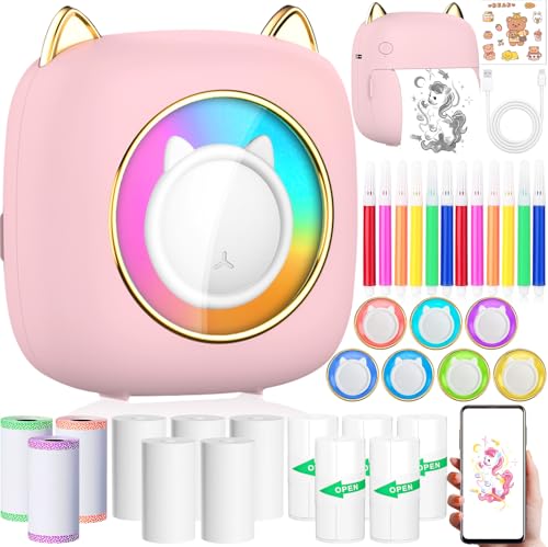 ZQEJEFD Mini Drucker, Tragbarer Mini Fotodrucker Thermodrucker Smartphone Taschendrucker, Wireless Bluetooth Fotodrucker Kompatibel mit Android & iOS mit 14 Rollen Papier für Notizen, Liste, Rosa
