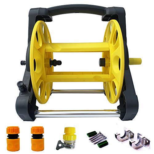 Mobile Garden Hose Reel Rack Hose Storage Rack Cart Stand for 65 Feet 1/2 Inch Hose Apply To Household Gardening and Cleaning. Equipped 3 pcs quick hose connector,1pcs tap connector,2pcswall hook.