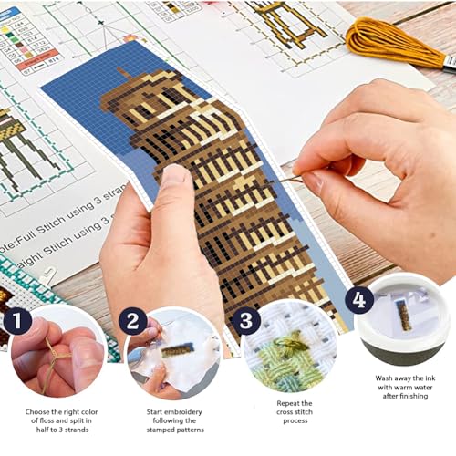 Image of FREEBLOSS 6 Set Cross Stitch Kits with Instructions - Famous Architecture Patterns - Punch Needle Kit for Beginners - Gift Bookmarks