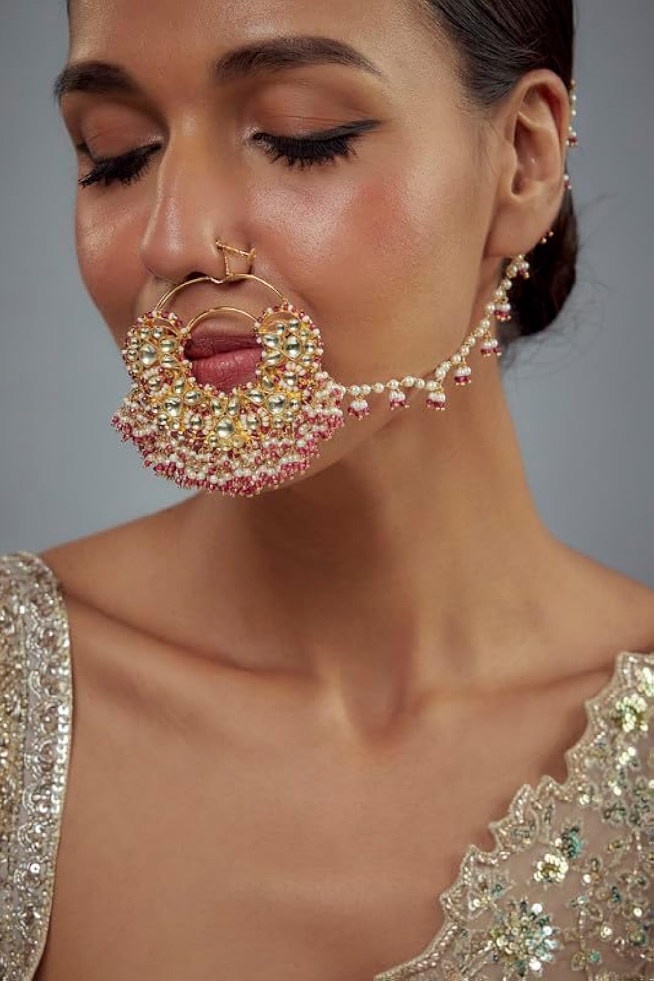Gold Plated Pink Kundan & Polki Nath with Chain