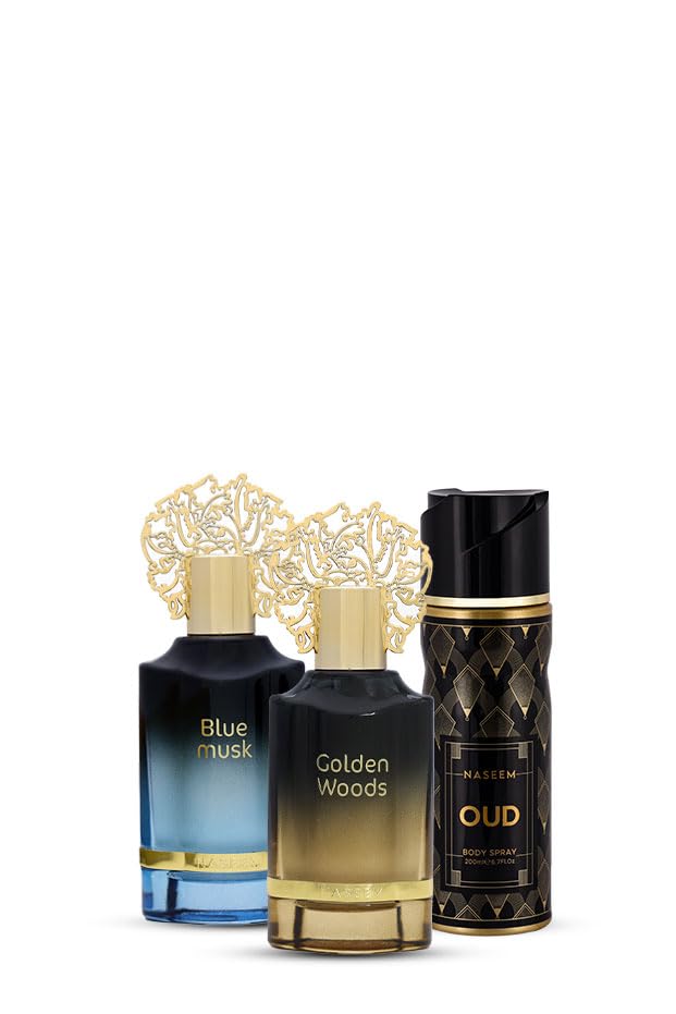 NASEEM Special Combo Fragrance Set for Men & Women | Blue Musk EDP 55ml, Golden Woods EDP 55ml & Oud Body Spray 200ml | Long Lasting | Pack of 3-image-8