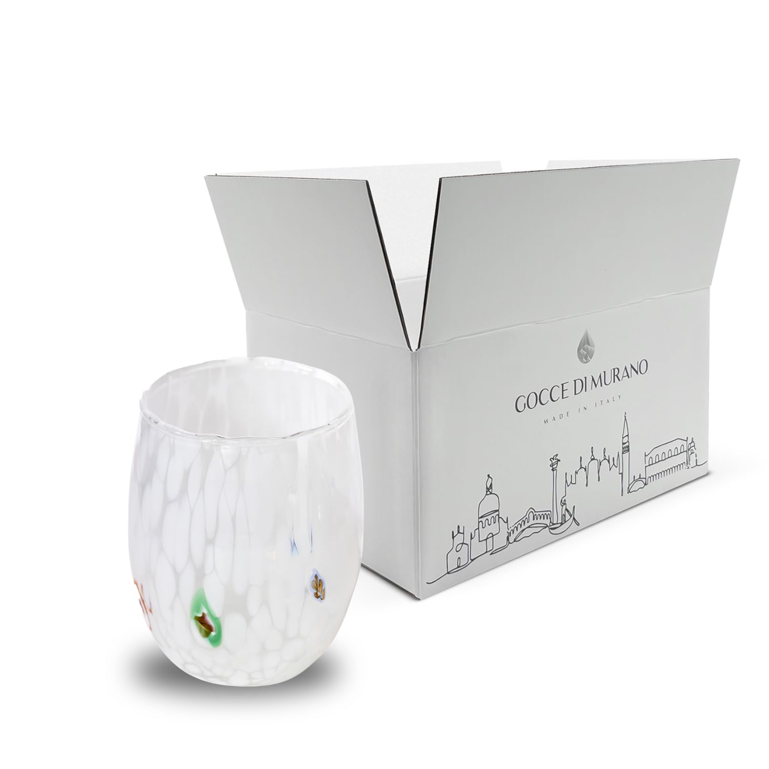 Gocce di Murano 6 Bicchieri Acqua Lavorati Secondo la Tradizione degli Artigiani di Murano, Bicchiere Soffiato e Lavorato a Mano 300 ml - Bicchieri Acqua Vetro Arcobaleno Pioggia