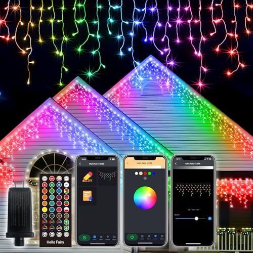 Smart RGB Icicle Lights Outside 33FT 299LED 69 Drops App & Remote Control Music Sync Waterproof Christmas Roof String Lights DIY Color Changing Holiday Yard Decorations for Patio Party Wedding
