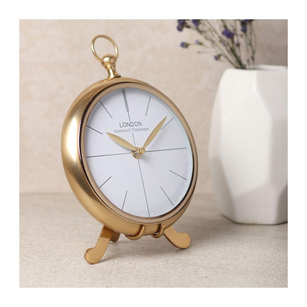 decor de maison brings handcrafted regal standpoint table clock for kidsroom, living room, bedroom, study table | classic non-ticking tabletop battery operated analog desk clock in gold (18x4x24cm)