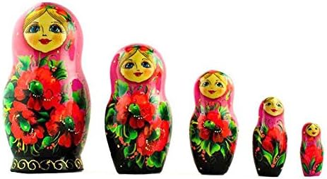 BestPysanky Set of 5 Pink Scarf with Poppy Flowers Nesting Dolls 7 Inches