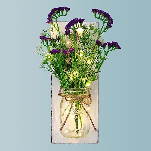 Rustic Wall Decor Mason Jar Sconces Decor With Remote Control Led Lights For Home Kitchen Farmhouse Bathroom And Living Room Decorative.shabby Chic White With Purple Flower Art Decorations,Set Of Two #TOP7