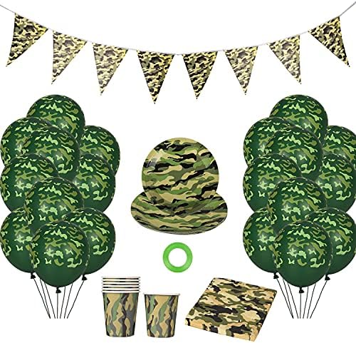 Jomnvo 66 Pieces Camouflage Party Tableware Set Plates Cups Napkins Camouflage Balloons Paper Disposable Dinnerware Set for Birthday Hunting Themed Party Military Celebrations (16 Guests)