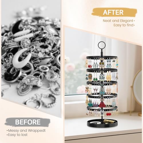 Image of MODOWEY 5 Tier Rotating Earring Holder Organizer, Adjustable Display Tree with Metal Tray, 220 Holes Jewelry Rack for Pierced Stud Hoop Dangle, Large Capacity Space-Saving Stand for Women (Black)