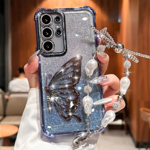 Coque S23 FE Laser Bleu Rigide et Fine avec Poignée Bijou Scintillante