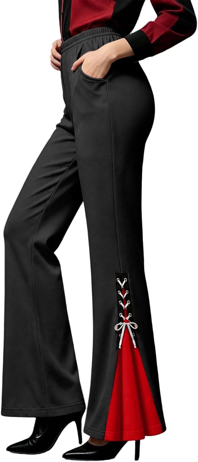 Women Color Block Gothic Flare Pants Lace Up Bottom Trousers