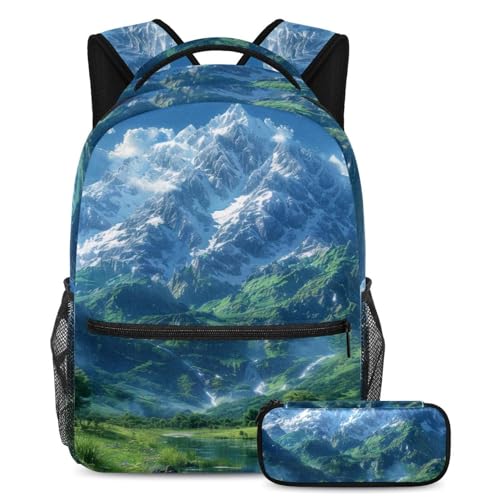 Cartable montagne multicolore de grande capacité avec trousse assortie pour les cours