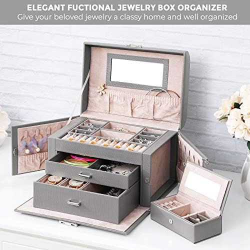 ANWBROAD Jewellery Box for Women Teen Girls with Small Jewellery Box 3 Layer with Lock and Mirror Make Your Jewellery Easy to Categorize UJJB005