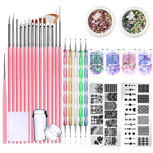 Nail Art Kit for Beginners, includes 2 Stamp Plates,5pcs Dotting Pen, 2pcs 3D Nail Art Rhinestones, 1 Stamper, 1 Scapper, 15PCs Brushes Set, 4PCs Glitter Sequins