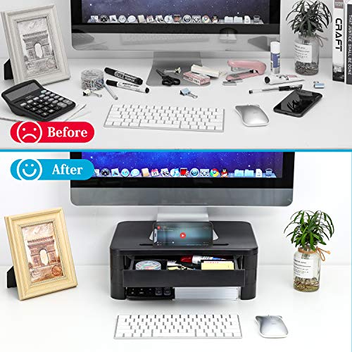 LORYERGO Monitor Riser Stand - Built with Storage Drawer, 3 Height Adjustable Monitor Stand for Computer, Laptop, Screen, Desktop Stand with Phone & Tablet Holder