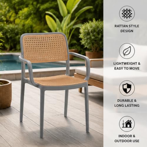 Image of NARSA Modern Rattan Style Dining Chair for Home & Cafe | Cane Pattern Plastic Chair with Ergonomic Backrest | Lightweight & Durable Indoor Outdoor Seating Chair (Grey, with Arm, Set of 1)