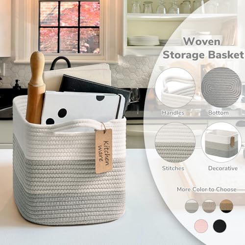 Image of Goodpick Woven Basket, Rope Baskets for Organizing, Toy Baskets Storage Kids, Empty Gift Basket with Handles, Closet Baskets for Shelves, Bathroom, 13 x 10 x 9 Inches, Gray