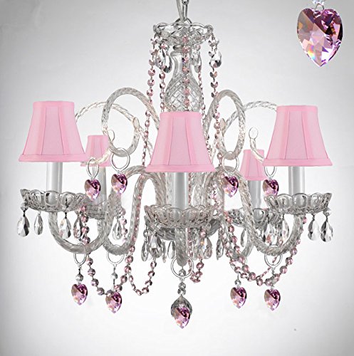 Empress Crystal (Tm) Chandelier Chandeliers Lighting with Pink Color Crystal Hearts and Pink Shades! Perfect for Kid's and Girls Bedroom!
