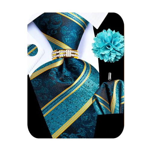 Image of 5PCS Mens Silk Designer Tie, Pocket Square, Cufflinks, Drilled Tie Ring and Lapel Pin Set for Wedding Groom Party