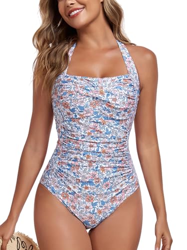Image of Smismivo Tummy Control Swimwear Halter One Piece Slimming Vintage Retro Swimsuit Womens Ruched Push Up Bathing Suit