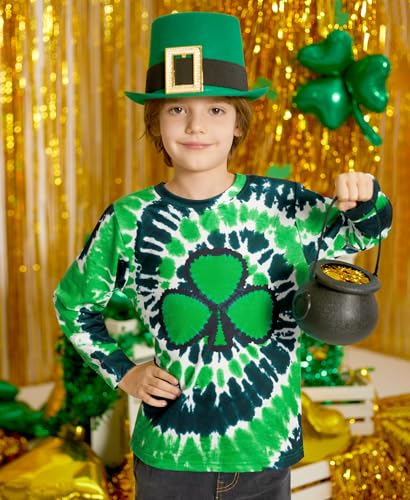 Unisex Kids St. Patrick's Tie Dye Irish Clover Long Sleeve Shirt Shamrock Green Sweatshirt 4-12 Years4