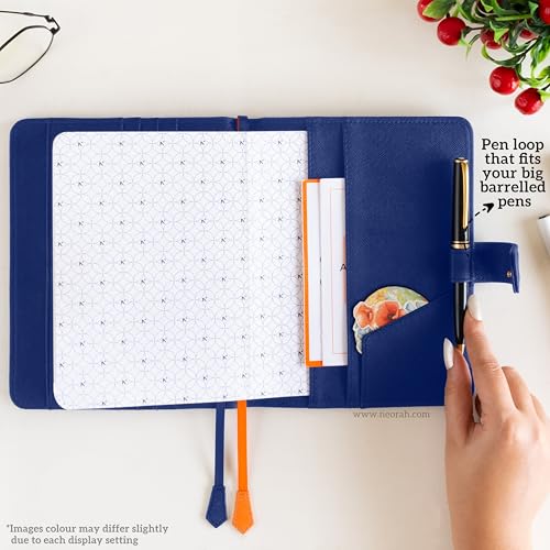 Image of NEORAH - B6 Notebook SLEEVE with SNAP Button + Dotgrid JOURNAL | Faux Leather Sleeve + Penloop | 2 Front 1 Back compartment | 6 Card Slots -DARK BLUE