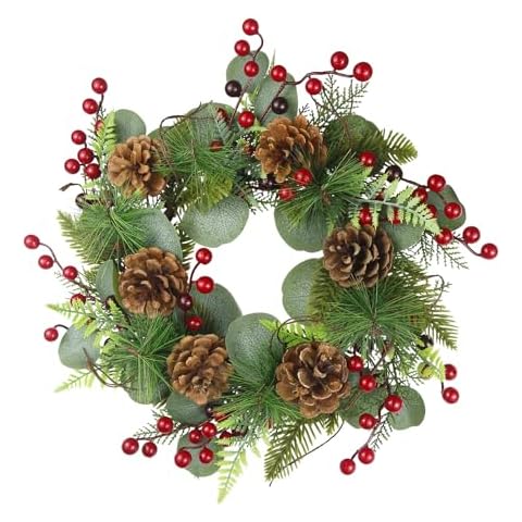 FAICOIA Artificial Christmas Wreath for Front Door Xmas Red Berry Wreath Pine Needles Pine Cones Eucalyptus Leaves Christmas Hanging Decoration Wreath Winter Garland for Wall Outdoor Home Window Decor Cover