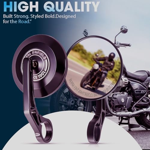 Image of OTOROYS Premium Motorcycle Bar End Mirror, Round Convex Black for Hunter 350 | Meteor 350, Metal Handle and ABS Plastic Glasas Frame Set of 2