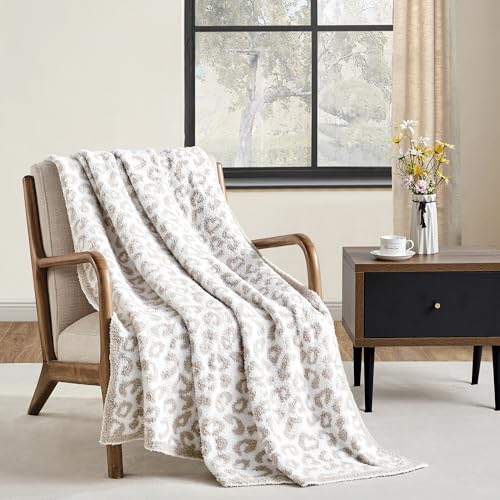 CREVENT 127 x 152cm, ultraweich und plüschig, wendbar, Mikrofaser, Überwurfdecke für Couch, Sofa und Bett, Leopardenbeige