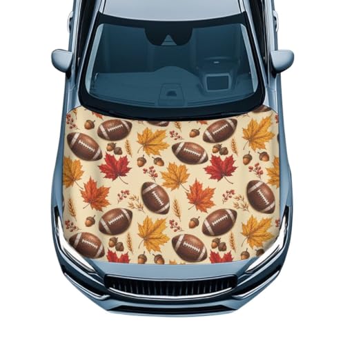 Image of Renewold Fall Footbal Car Hood Cover Protector for Most Sedan Easy Install | Maple Acorn Hood Covers for Car Wrap Blanket Women Men Automotive Exterior Accessories Decor for Football Season Holiday Game