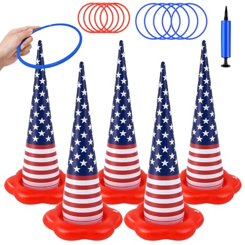RXLWYUNLAE 5 Pack 4th of July Inflatable Ring Toss Game Outdoor Independence Day Games Set with 10 Plastic Rings and Pump Red White and Blue Decorations Backyard Ring Toss Game Party Favors