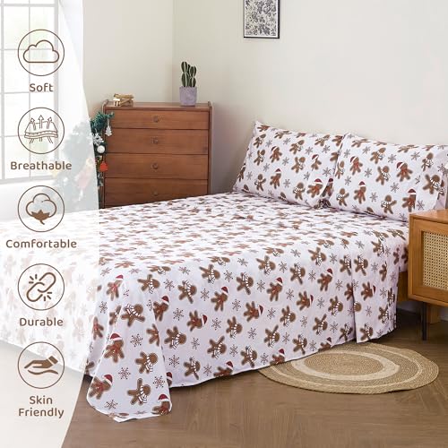Image of Mooreeke Cozy Christmas Microfiber Printed Queen Sheet Set - Soft & Breathable Percale Brown Winter Bed Sheets with Extra Deep Pocket - Non-Slip Fitted Design - Red Snow Gingerbread Pattern