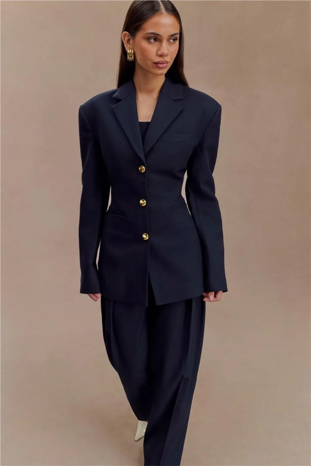 Traje de pantalón y chaqueta dos piezas for mujer con botones metálicos azules, corte clásico pierna ancha un solo botón Para EquitacióN(M)