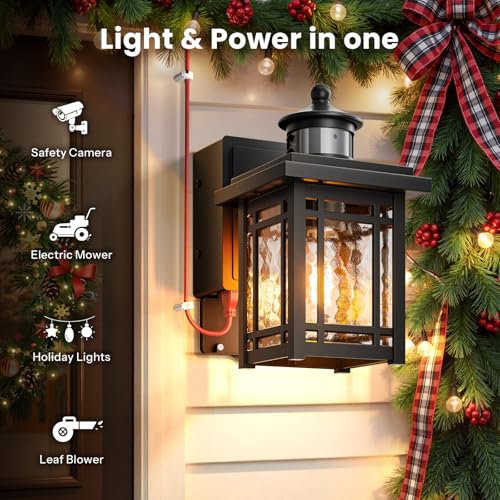 Image of Gleamz Porch Light with outlet, Black Aluminum Motion Sensor Outdoor Porch Lights, Modern Front Door Light with Ripple Glass, Waterproof 5 Lighting Modes Outside Garage Lights for House, Patio,Balcony