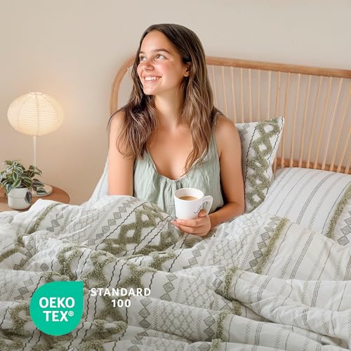 Image of Ink+Ivy King Comforter Set, Boho Comforters, Breathable Cotton Bed Set, All Season Modern Chenille Tufted Comforter with Farmhouse Bedding Flare, Gifts for Woman, Sage /Ivory 3 Piece