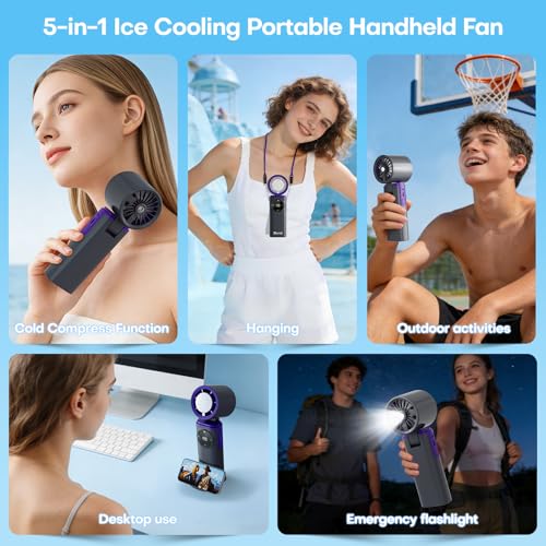 Image of Portable Handheld Fan with Ice Cooling, 199 Levels Stepless Speed, 20H Long Battery Life, 20000RPM Turbo Fan Rechargeable Personal Mini Fan for Travel, Outdoor, Makeup (Grey)